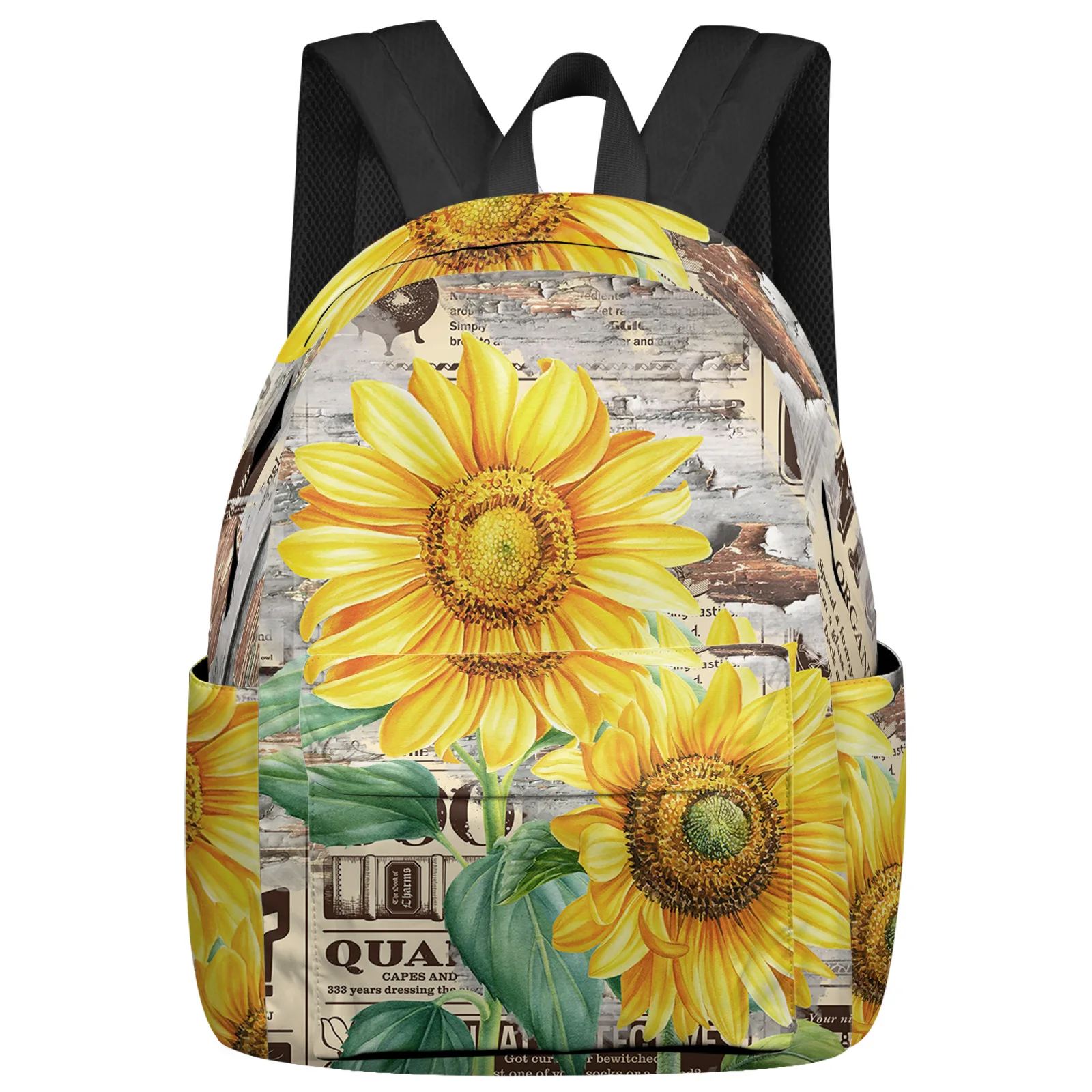 

Sunflower Watercolor Wood Grain Retro Newspaper Plant Women Man Backpacks Waterproof School Backpack For Student Bag Mochila