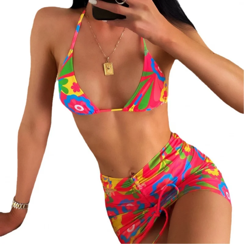 New Floral Triangle Cup Print Tie Sexy Bikini Three-Piece Swimsuit