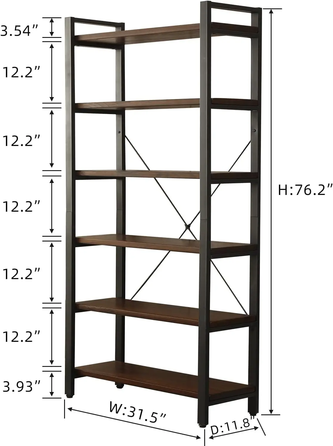 Natural Real Wood Bookcase,Industrial Bookshelf,6 Tier Solid Wood Open Book Shelf Storage,Metal Shelving Unit