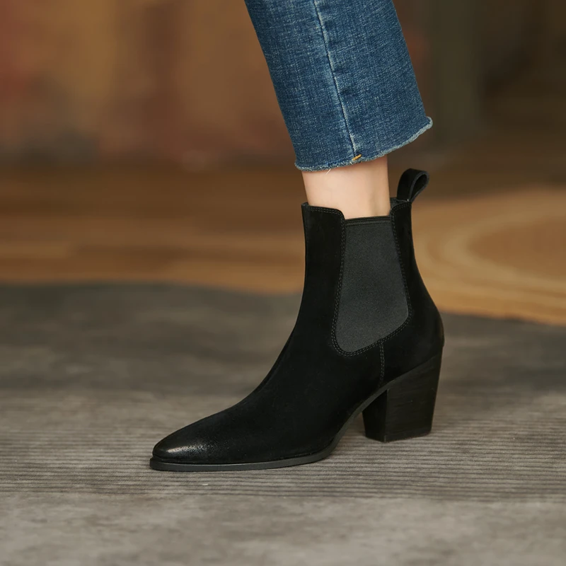 2026 autumn winter women ankle boots natural leather 22-26cm waxed pigskin+microfiber/plush pointed toe high heel chelsea boots