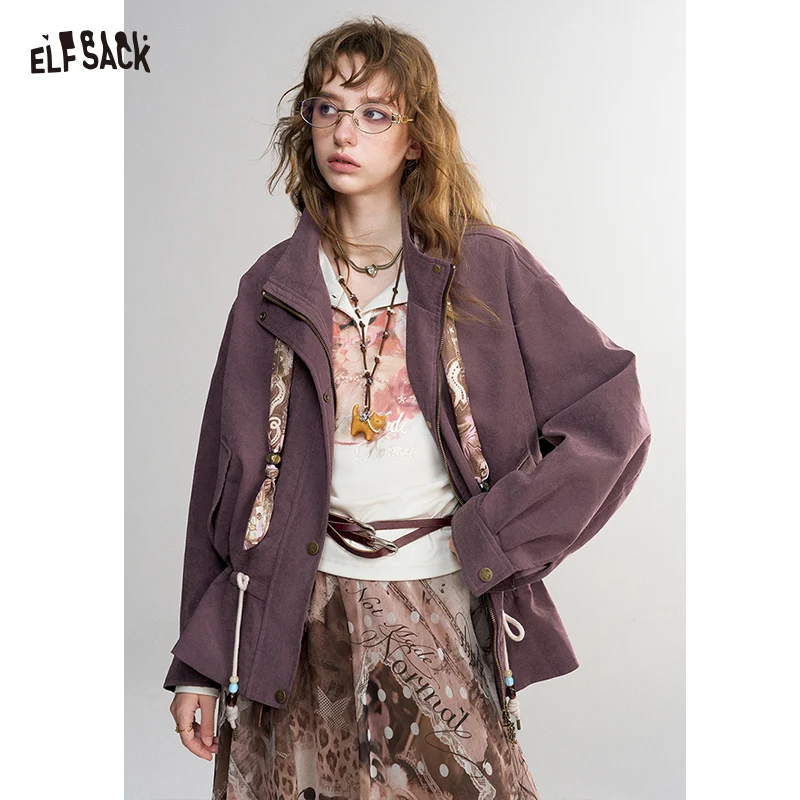 ELFSACK Women's Short Jacket with Lace Hem, Loose Fit Drawstring Waist Outerwear for Everyday Casual