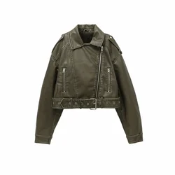 Blouson de motard en similicuir femme, court, vintage, avec fermeture éclair, 2024