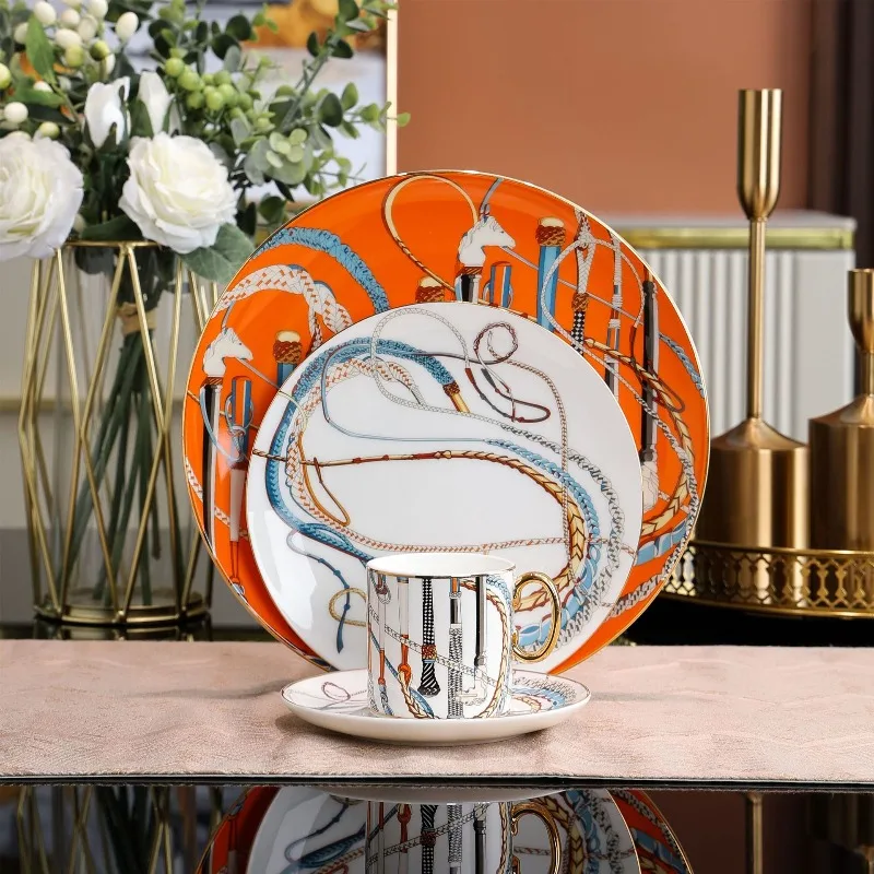 

New European Light Luxury Bone China Rice Bowl Heat-Resistant Tableware High-Foot Bowl Spoon Set for Home