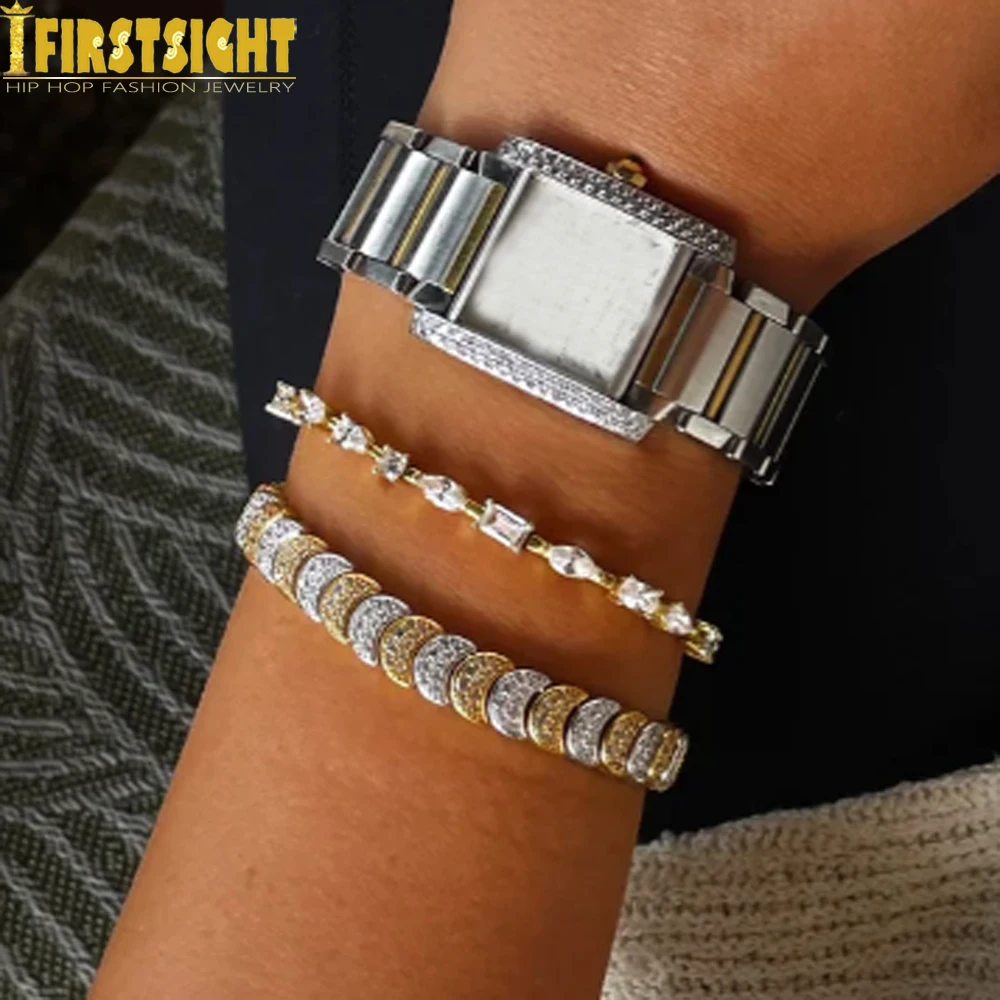 Iced Out Moon Charm Shaped Chain Bracelet Gold Color Pave CZ Stone Zircon Bangle Fashion European Women Girl Jewelry