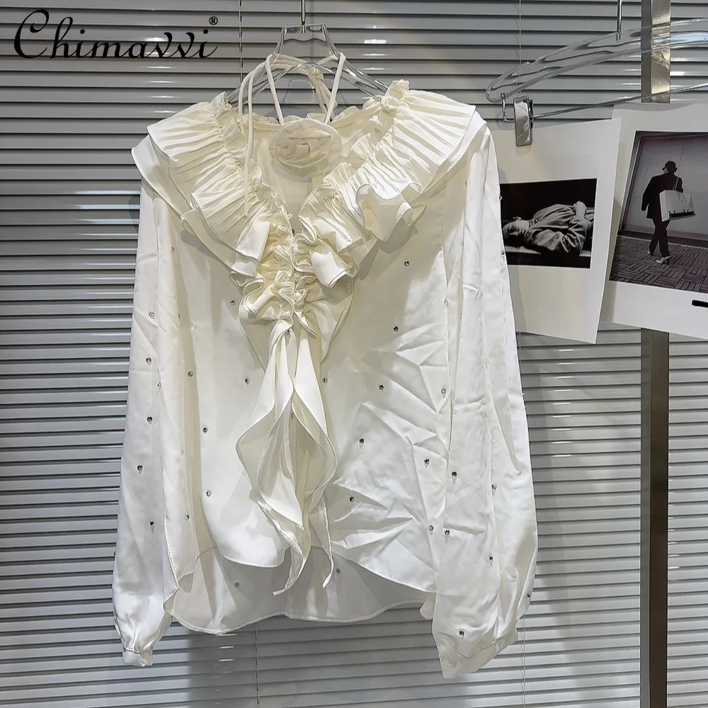 2024 Summer New French Fashion Pleated Ruffled Collar Solid Color Shirt Women's Loose Long Sleeve Shirt Blusas De Mujer