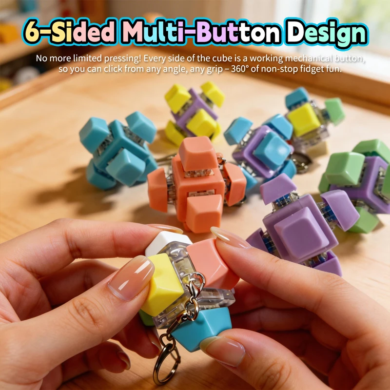 6-Sided Mechanical Keyboard Fidget Clicker Keychain Clickable Keycap Sensory Toy, Portable Anti-Anxiety Stress Relief and Decor
