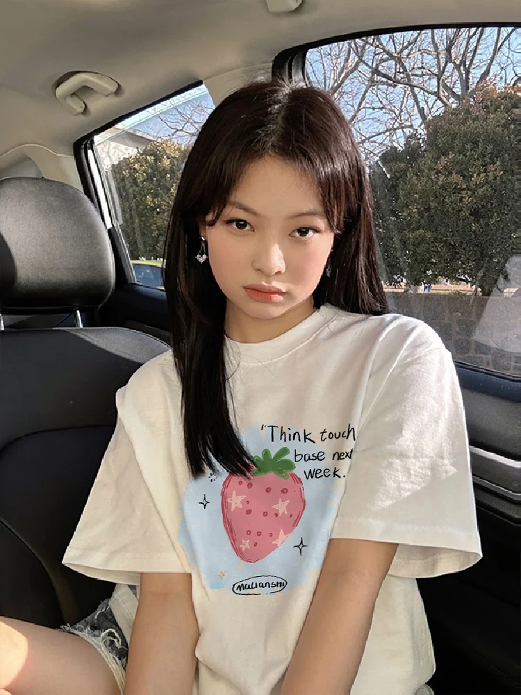

Loose Fit Stberry Print Pure Cotton ort Sve T-irt ex Summer Versatile f Sve Top Korean Sle Casual Wear