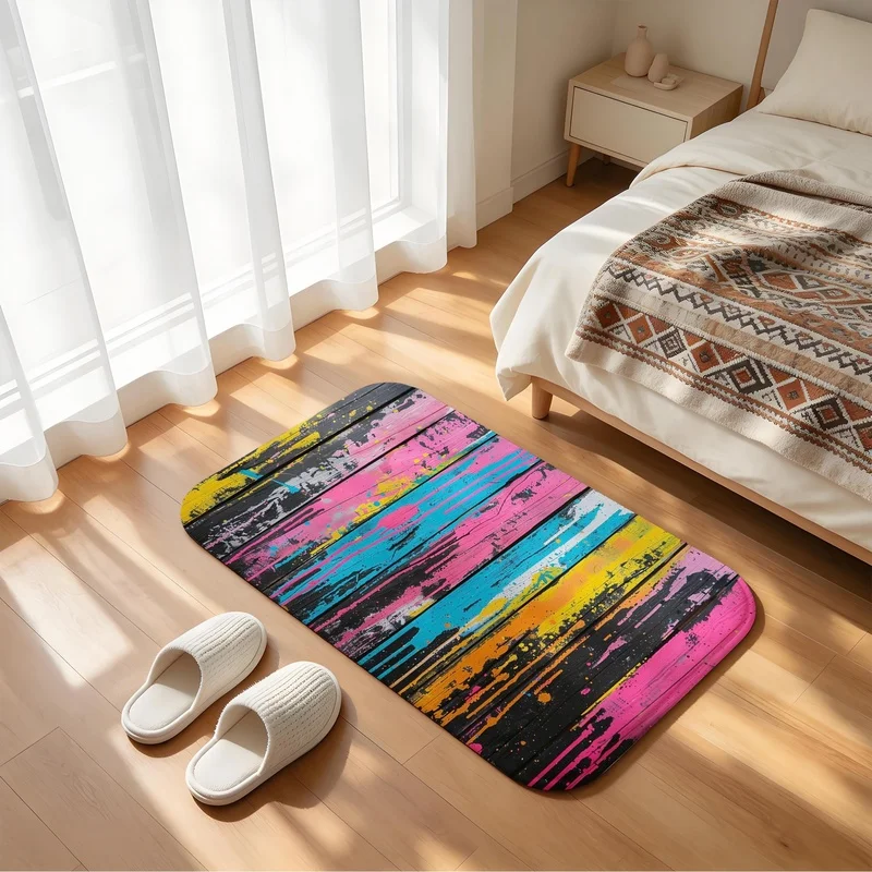 Graffiti Paint Splatter Wooden Board Print Floor Mat Non Slip Door Rug Absorbent Bathroom Entrance Mat