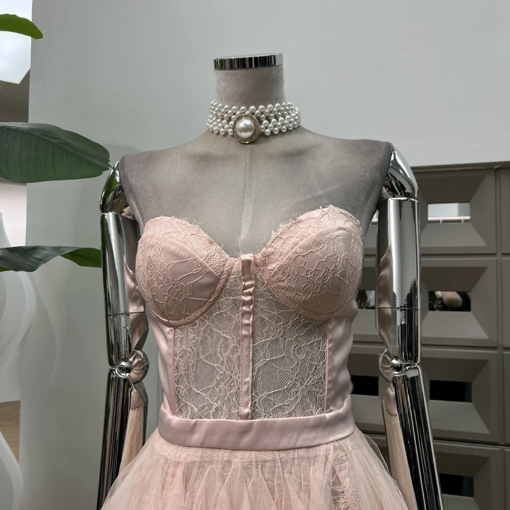 Romantische Spitze Prom Kleider Sexy Liebsten Backless Rosa Abend Party Langes Kleid Prinzessin Luxus Elegante Festival Kleider Vestido