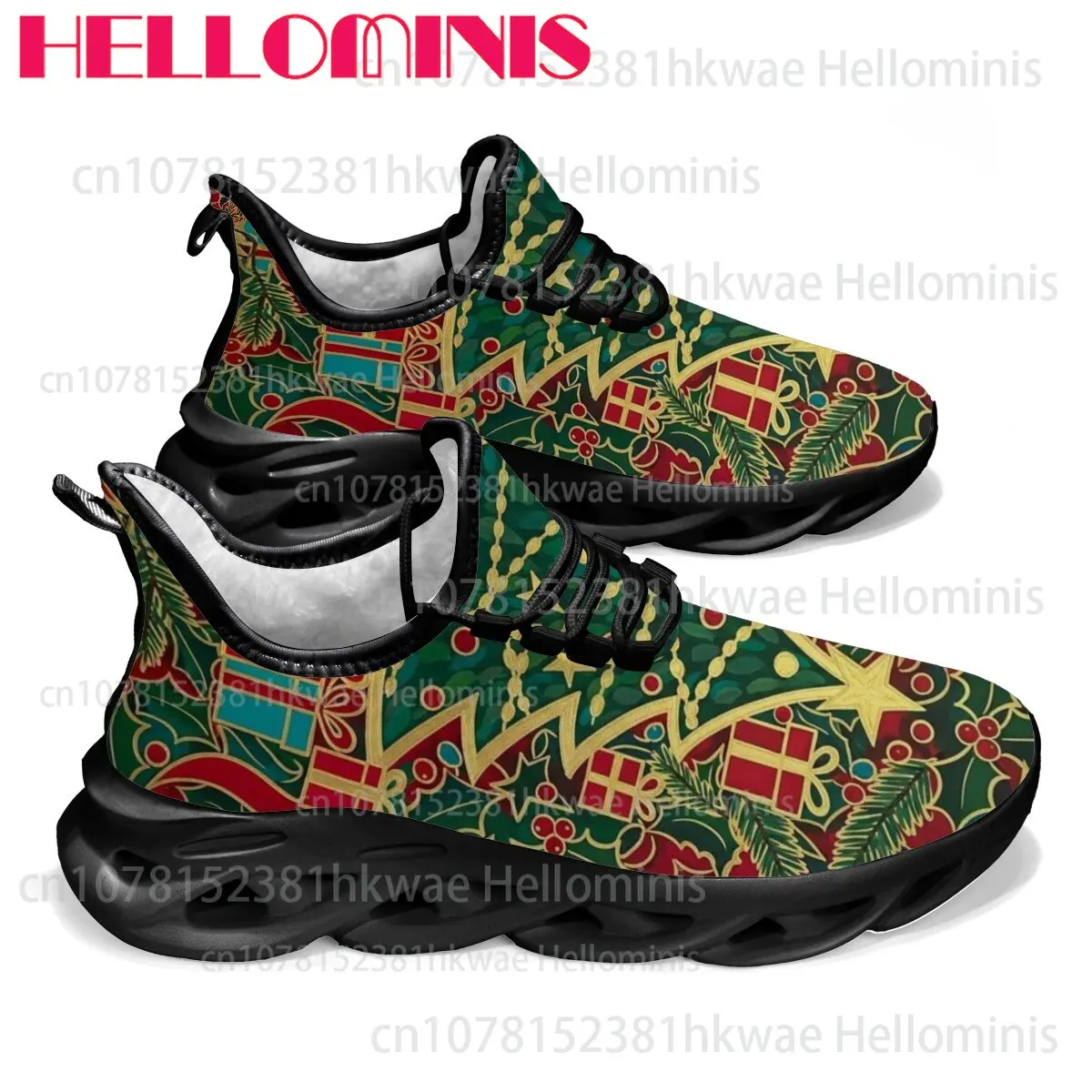 Picture 5: Fleece Lined Christmas Holly Print Unisex Adult Sneakers Warm Plush Lining Hollow Wave Sole Breathable Casual Walking Footwear