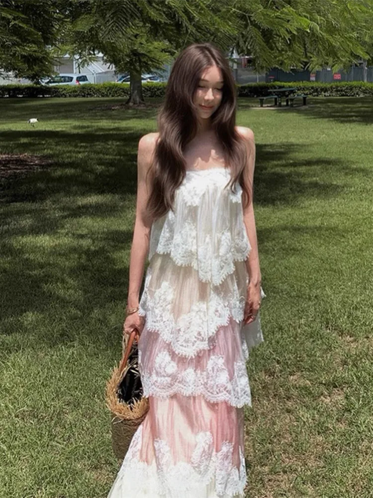 Sexy Lace Ruffle Long Party Dress Women Loose Sleeveless Backless Patchwork Sling Dresses Female 2026 Summer Evening Robe Lady