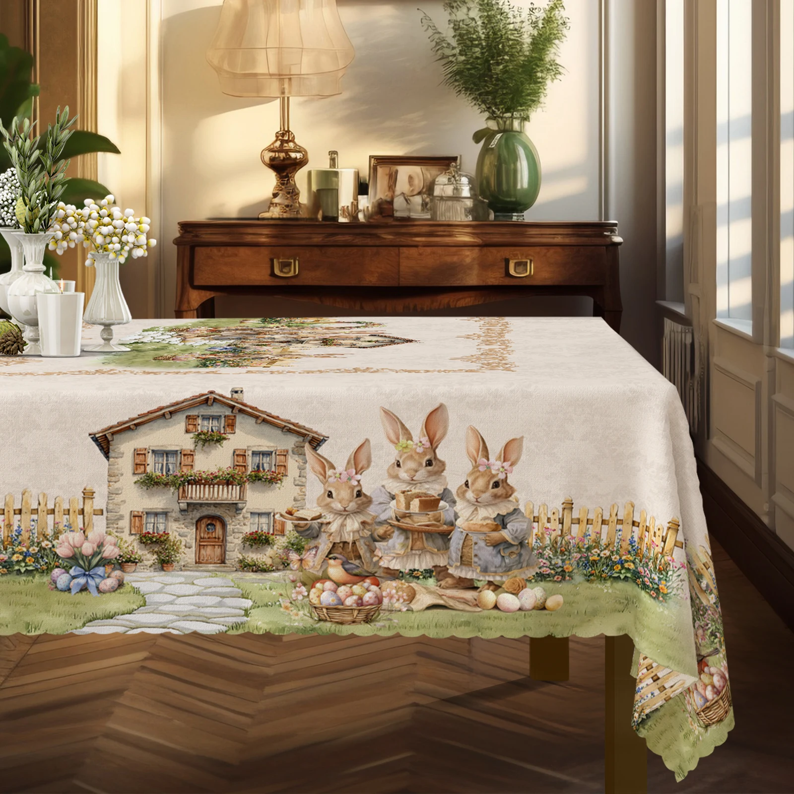 Easter Peter Rabbit Themed Tablecloth, Classic Dark Pattern Print, Medieval Courtyard Garden Atmosphere, Cute Rabbit Holding a Cake, Bright Colored Eggs, Adorable Bird Print, Embossed Edges, Waterproof, Wrinkle-Resistant, Fade-Resistant, Suitable for Rectangular and Round Dining Tables, Home Kitchen Living Room Dining Table Balcony Coffee Table Holiday Party Holiday Table Decoration, Outdoor Picnic Decoration Coffee Table Decoration, Perfect Gift for Spring, Summer, Autumn, and Winter Decoration T48