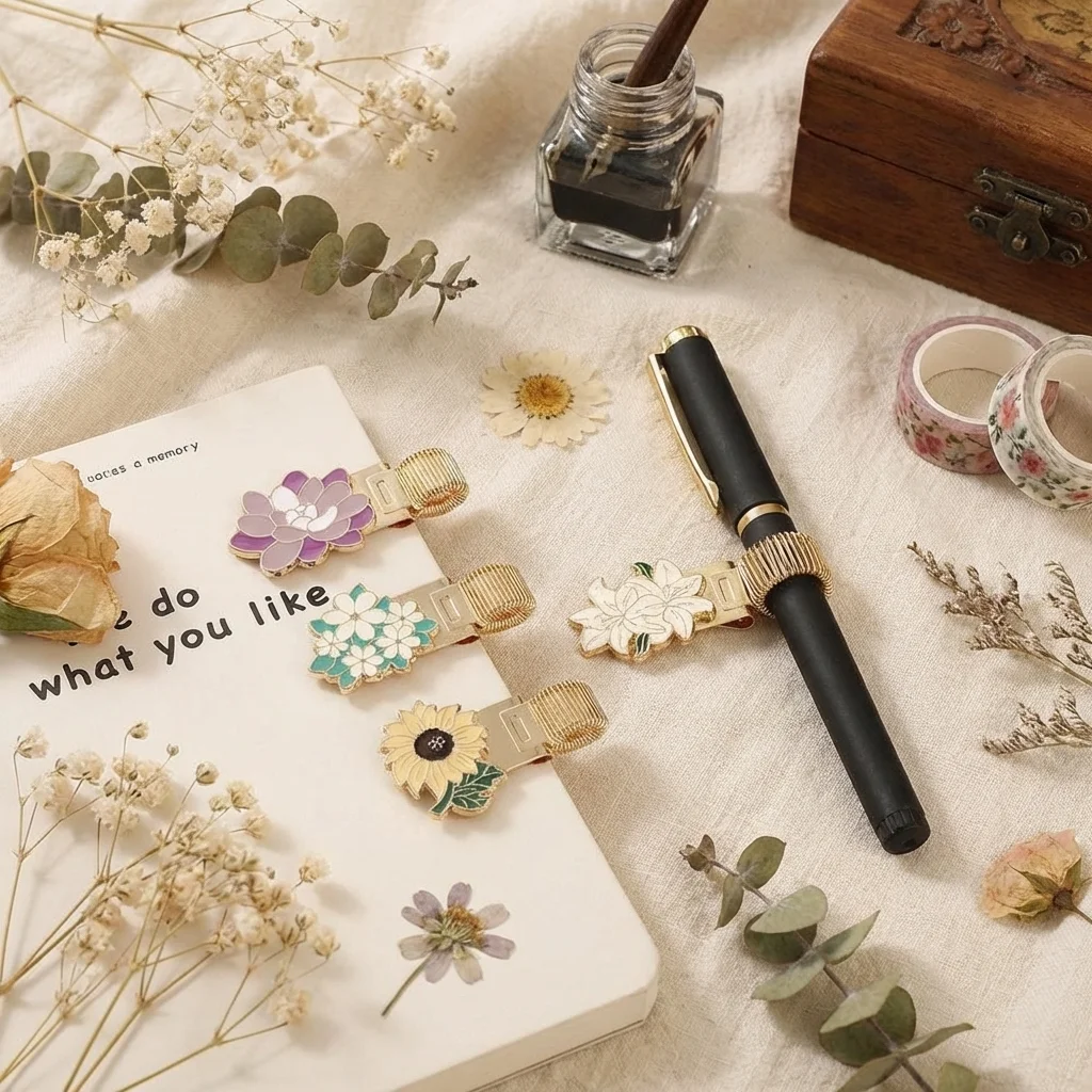 New High Quality Durable Portable Creative Metal Metal Pen Holder Flower Retro Paper Fix Clips Notebook Clip Student
