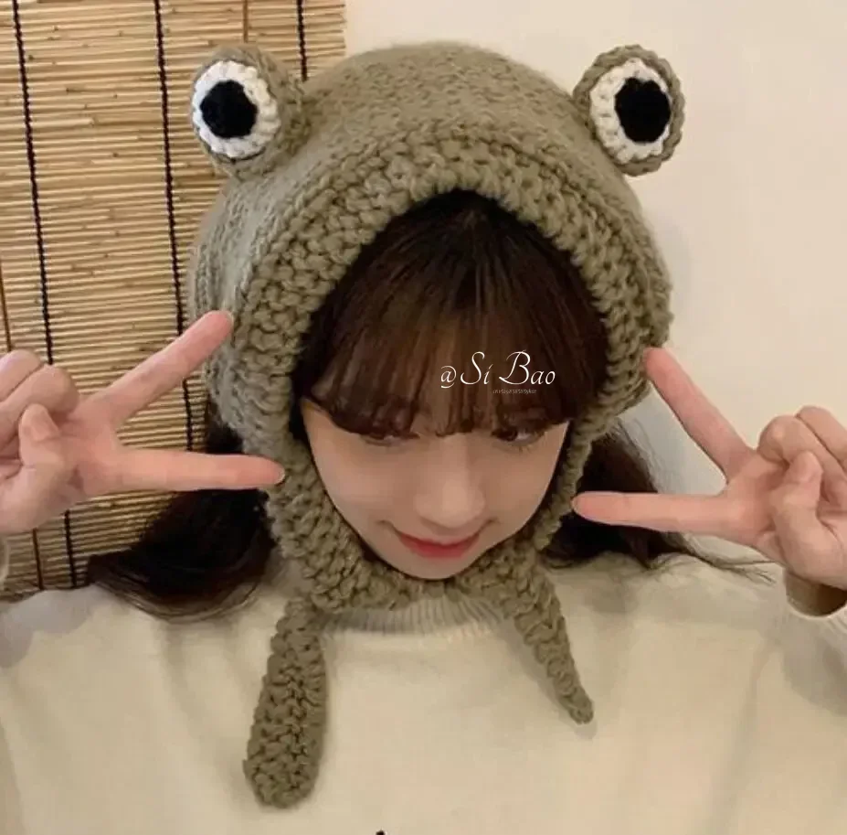 Knitted Frog Hat with Tie Women Kawaii Frog Hat with Big Eyes Cute Cartoon Girls Y2K Winter Knitted Skullies Beanies