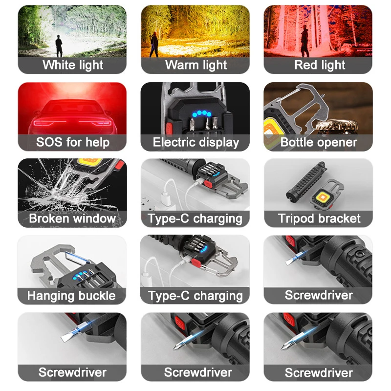 Mini LED Portable Keychain Flashlight Multifunction COB Work Light USB Rechargeable Strong Magnet Outdoor Camping Lantern