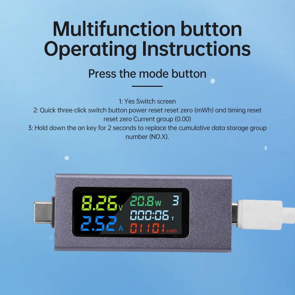 Multi-function Type-C Digital USB Tester Voltage Current Power Meter Capacity Tester Charger Tester DC 4.5~50V 0-8A