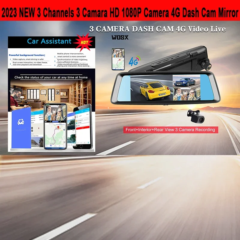 Wosx T10 7 Inch Mirror Dash Cam 4G SIM Card 3-camera Front Interior Rear View Cameras Car Dvr Smart Rearview Mirror for Cars