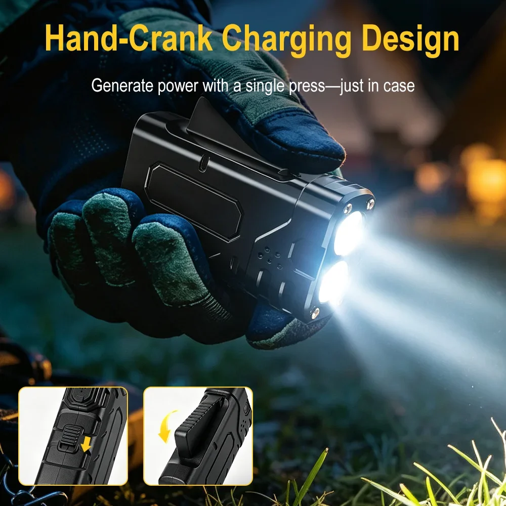 BORUIiT Hand Crank EDC LED Flashlight Type-C Rechargeable Self-Powered Torch Waterproof Outdoor Camping Riding Lantern view 2
