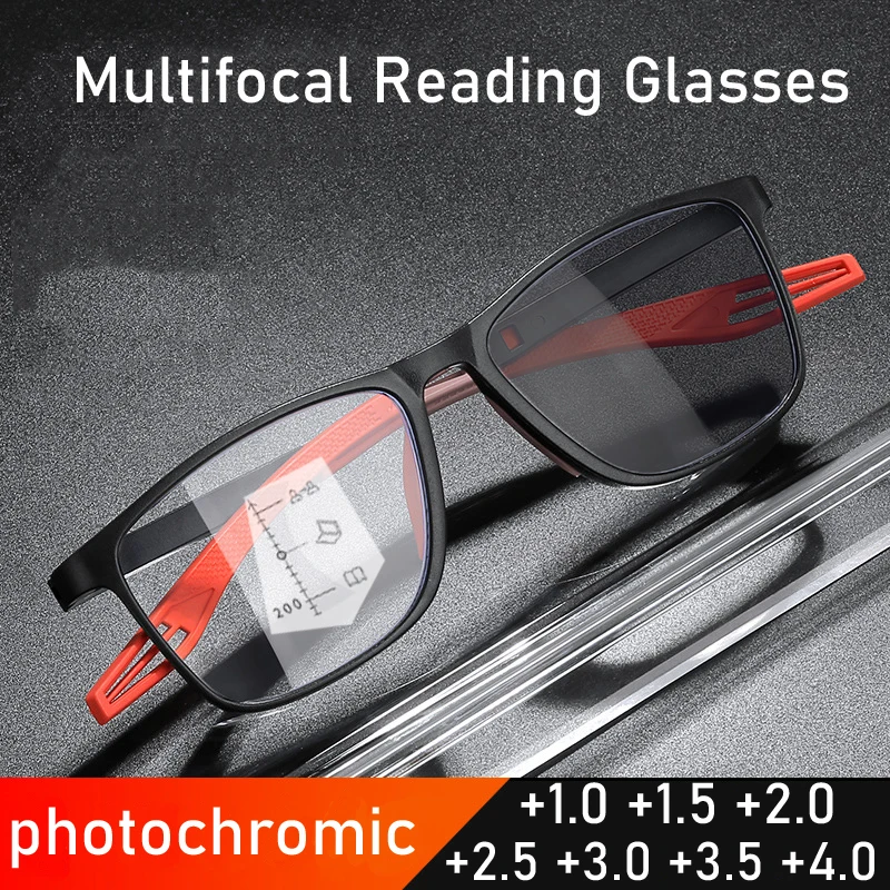 

New Color Changing Progressive Multifocal Reading Glasses TR90 Sports Photochromic Eyewear Finished Prescription Bifocal Glasses