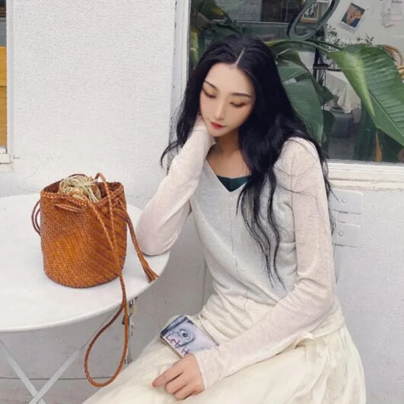 Designer woven totes bag women genuine leather cowskin knitting shopping basket handbag female bucket bag wholesale 2024 new