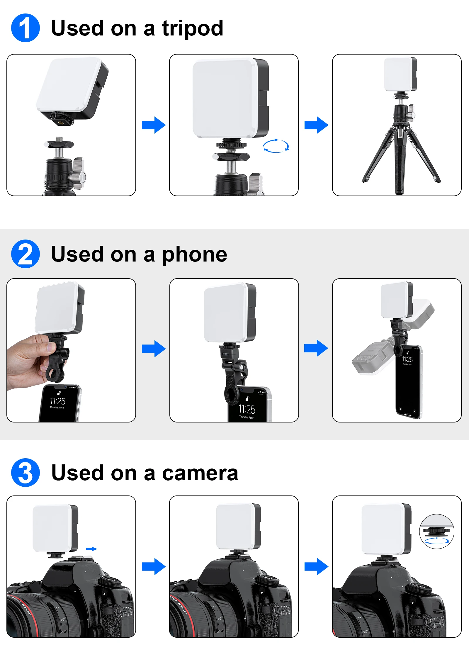 WEYLLAN مصباح ليد للكاميرا وحامل ثلاثي القوائم صغير محمول لصور السيلفي وإضاءة فيديو قابلة لإعادة الشحن حذاء بارد قابل للتعديل 3 أوضاع إضاءة