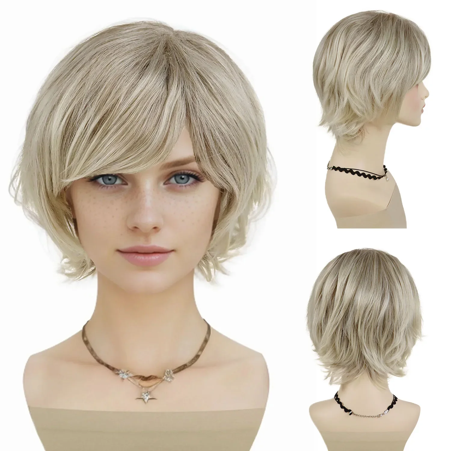 Blonde Curly Wigs for Women Synthetic Hair Heat Resistant Fiber Natural Wig with Bangs Short Bob Curly Wigs for Mother Daily