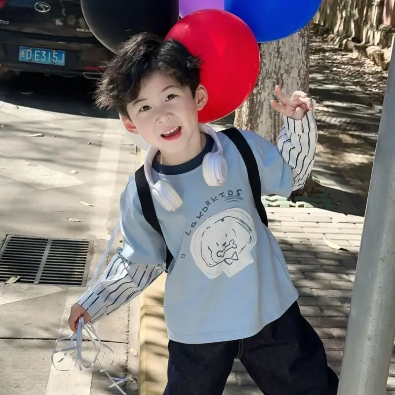 Children's Clothing Boys' And Girls' Tops Cartoon Dog Layered Striped Sweatshirt For Kids Spring Casual Loose Fit Long Sleeve