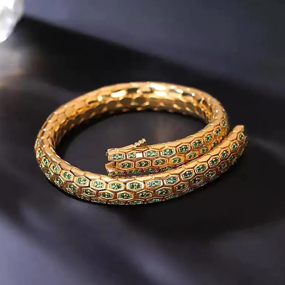 Serpent Honeycomb Bangle Micro Pave CZ Sapphire White Green Black Crystal Zircon Anti-tarnish Party Jewelry for Her Him