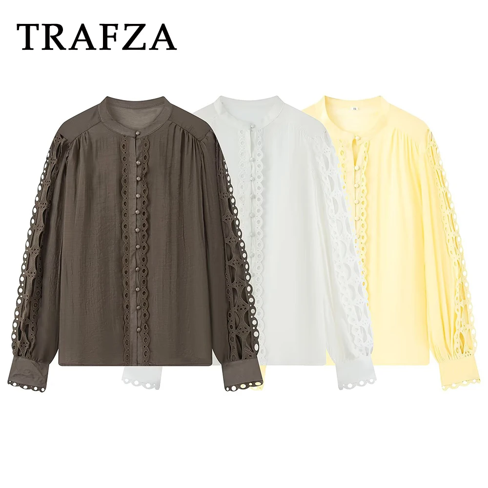 

TRAFZA Vintage Chic Autumn Woman Shirt Elegant Lace Single Breasted Blouse Fashion 2025 Long Sleeve Female Casual O-Neck Shirts