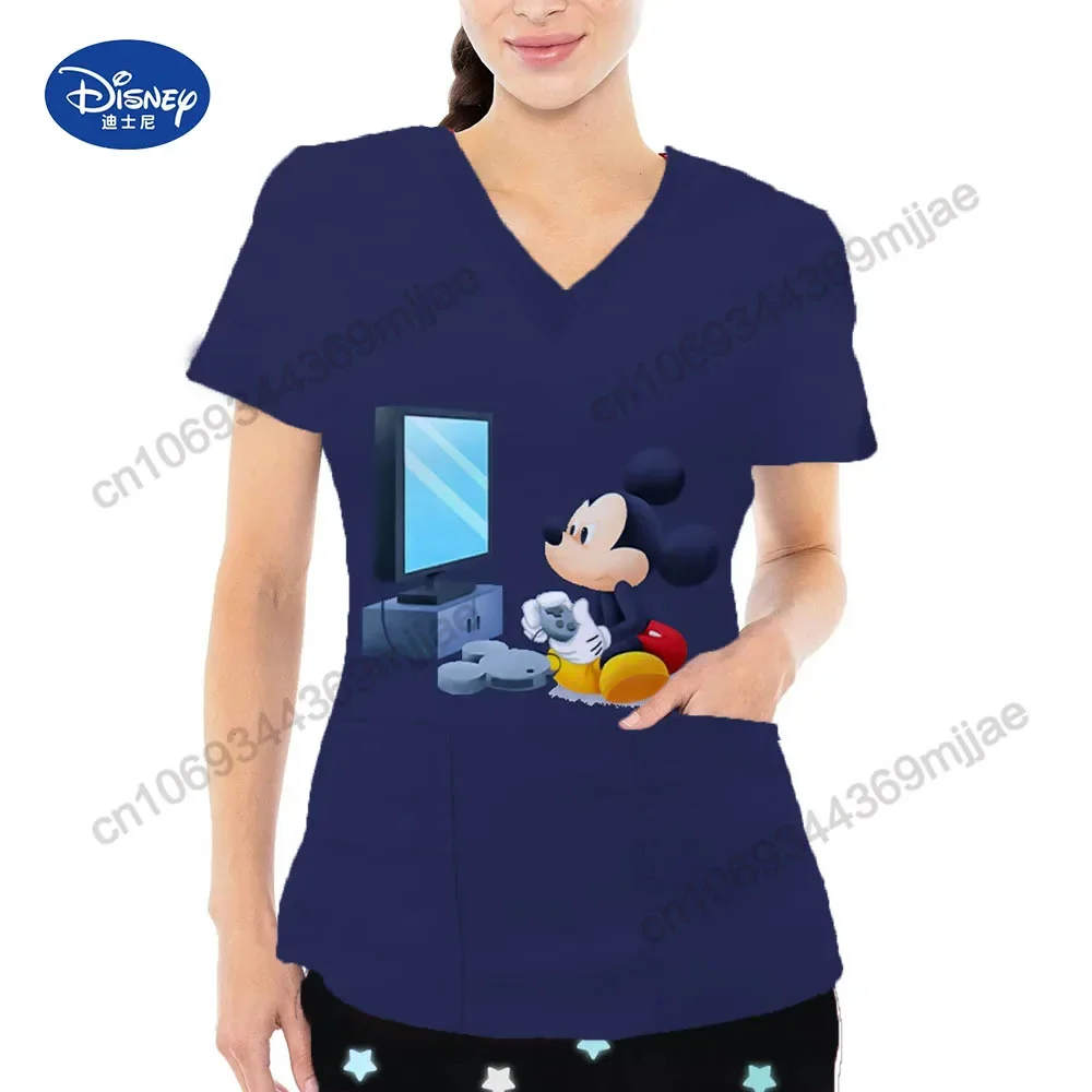 Fashionable comfortable women's T-shirt V-neck pocket summer women's shirt 2024 casual beautiful Disney cartoon shirt Y2k top