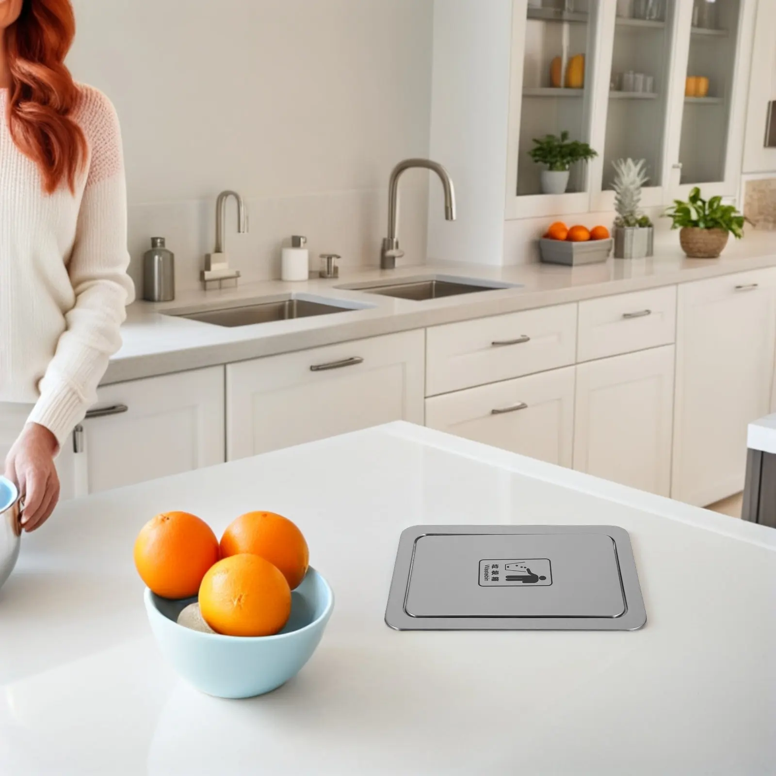 

Встраиваемая крышка для мусорного бака из нержавеющей стали с откидной крышкой для кухни, ванной, стола, встроенная откидная крышка для отходов, простая установка