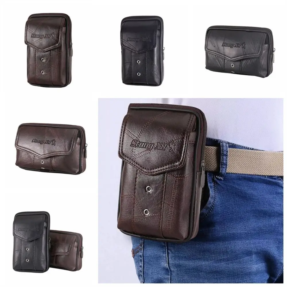 

Cowhide Leather Men Phone Pouch Classic Texture Delicate Design Cell Phone Pouches Solid Color Phone Waist Bag for Mobile Phone