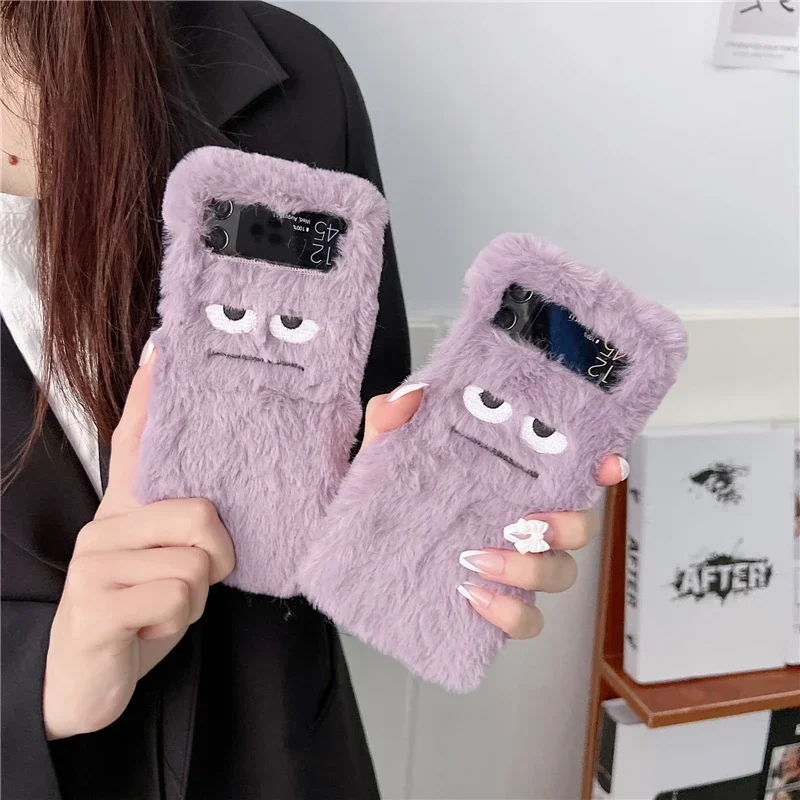 Cute Funny Fur Fluffy Monster Soft Case for Samsung Galaxy Z Flip 6 5 4 3 Zflip Flip6 Flip5 Flip4 Women Plush Cover Accessories