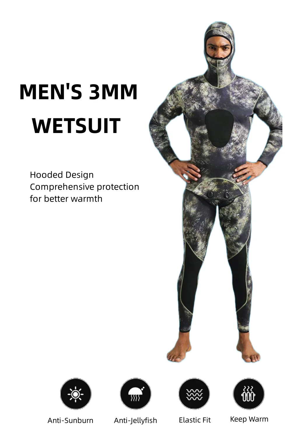 Neoprenanzug, 3 mm, Camouflage, langärmelig, mit Kapuze, 2-teilig, aus Neopren, zum Tauchen, für Herren, hält warm, Tauchanzug, Badebekleidung – Detail 1
