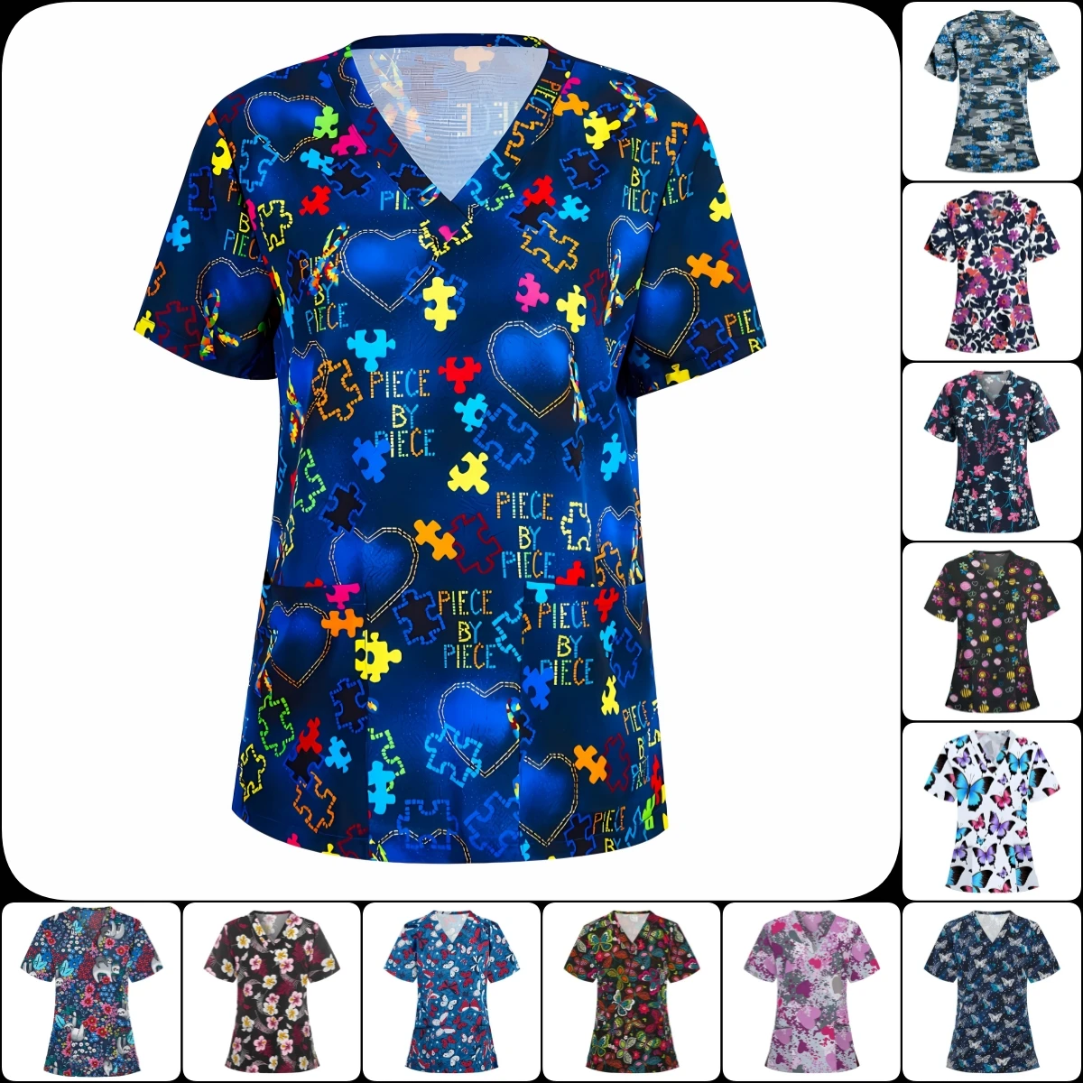 Womens T-Shirts Medical Nursing Uniform Stretch Ombre Print V-Neck Short Sleeve T Shirt Tops With Pocket Women's Clothing