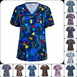 Womens T-Shirts Medical Nursing Uniform Clinical Uniform Woman V-Neck Short Sleeve T Shirt Tops With Pocket Women's Clothing