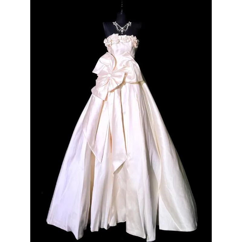 

Customized Pink A Line Wedding Dresses Big Bow Satin Photos Shoot Dresses Bride Gown Strapless Party Evening Prom Gown 2025 New