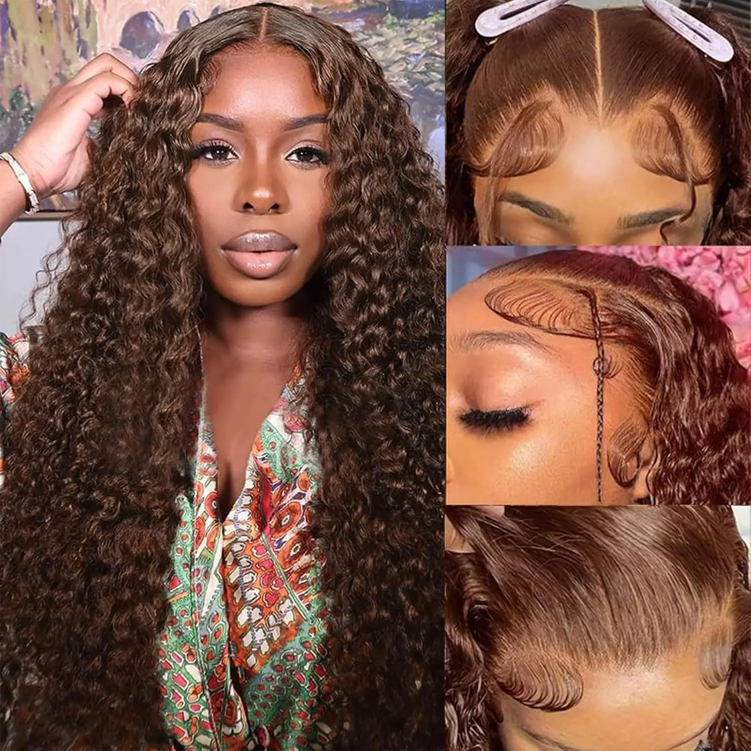 

Colored Wig #4 Chocolate Brown Deep Wave 13x6 HD Lace Front Wig Human Hair Curly Wigs 40 30 Inch Reddish Brown Preplucked