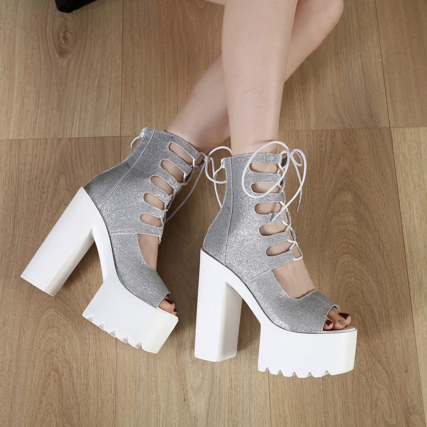 Women Round Toe Platform Sandals 16cm Chunky Heel Height Increasing Shoes Comfortable Silver Wedding Heel
