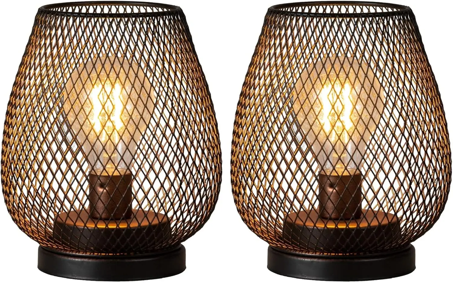 

Set Of 2 Battery Operated Lamp Led Table Lantern, Brown Metal Cage Cordl Lamps With Led Bulb，Vintage Decorative Outdoor Lantern