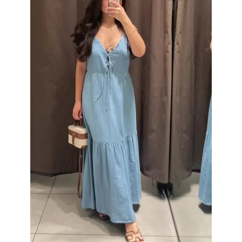 Robe caraco en jean bleu clair pour femmes, Sexy, avec cravate sur le devant, découpe au dos, ourlet à volants, pour l'été, la plage, les vacances, la mode