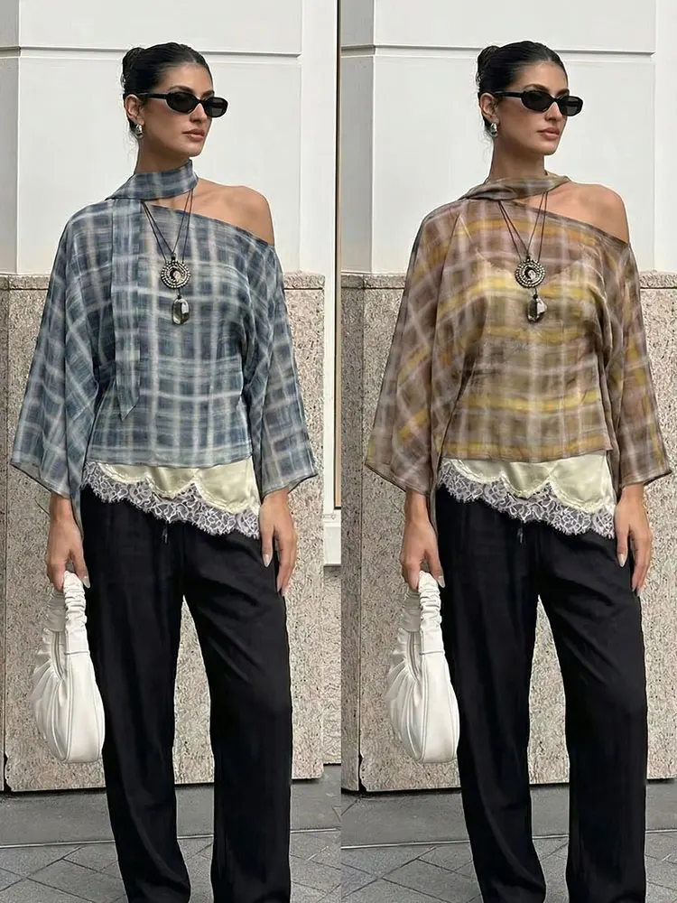 

HH Women Gingham Halter Neck Blouse Cold Shoulder Flowy Wide Sleeve Lustrous Fabric Top Bohemian Summer Style for Beach Vacation
