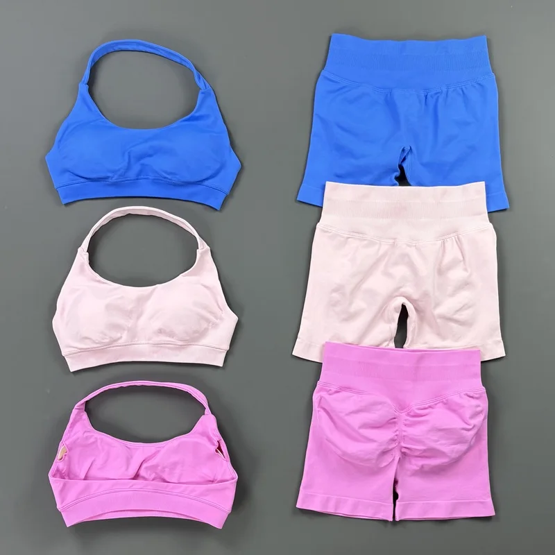 2Pcs Sports Bra Biker Shorts Set Women Scrunch Butt Shorts Wireless High Support Halter Neck Sports Bra Gym Workout Fitness Set