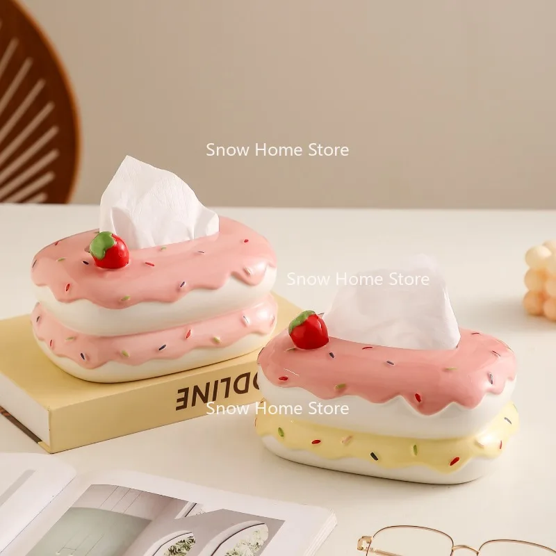 Creative Strawberry Cake Tissue Box Household Living Room Coffee Table Ceramic Paper Box High-end Tissue Storage Box Ornament