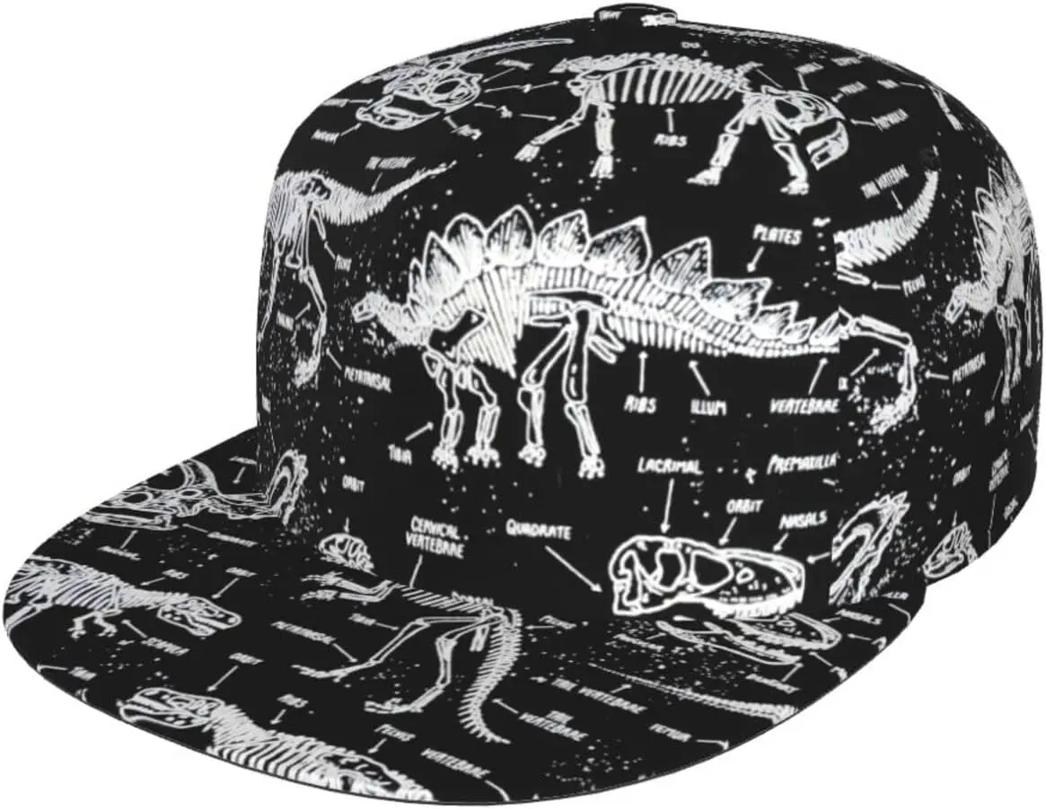 

Flat Bill Adjustable Snapback Hat Cool Hip Hop Baseball Caps for Men Women Black and White Dinosaur