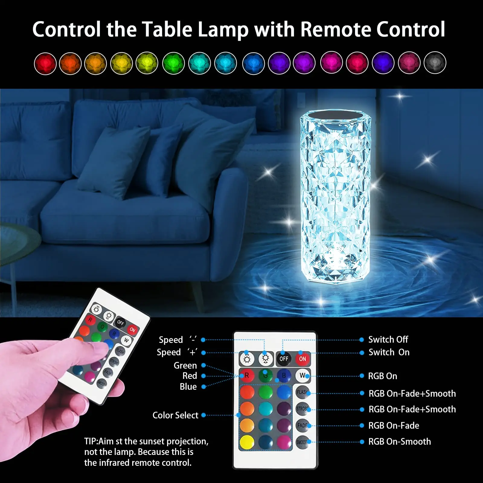 16 Colors RGB Crystal Table Lamp Remote & Touch Control Rose Ambient Lamp Night Light Dimmable Rechargeable Bedroom Decoration