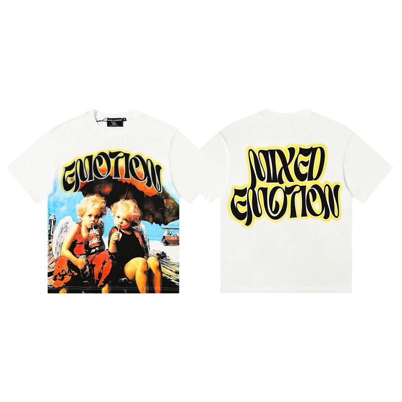 Fashion Men's and Women's MIXED EMOTION T-shirts Couple Streetwear Printing Hotfix Rhinestone Top Tee Round Neck Short Sleeve