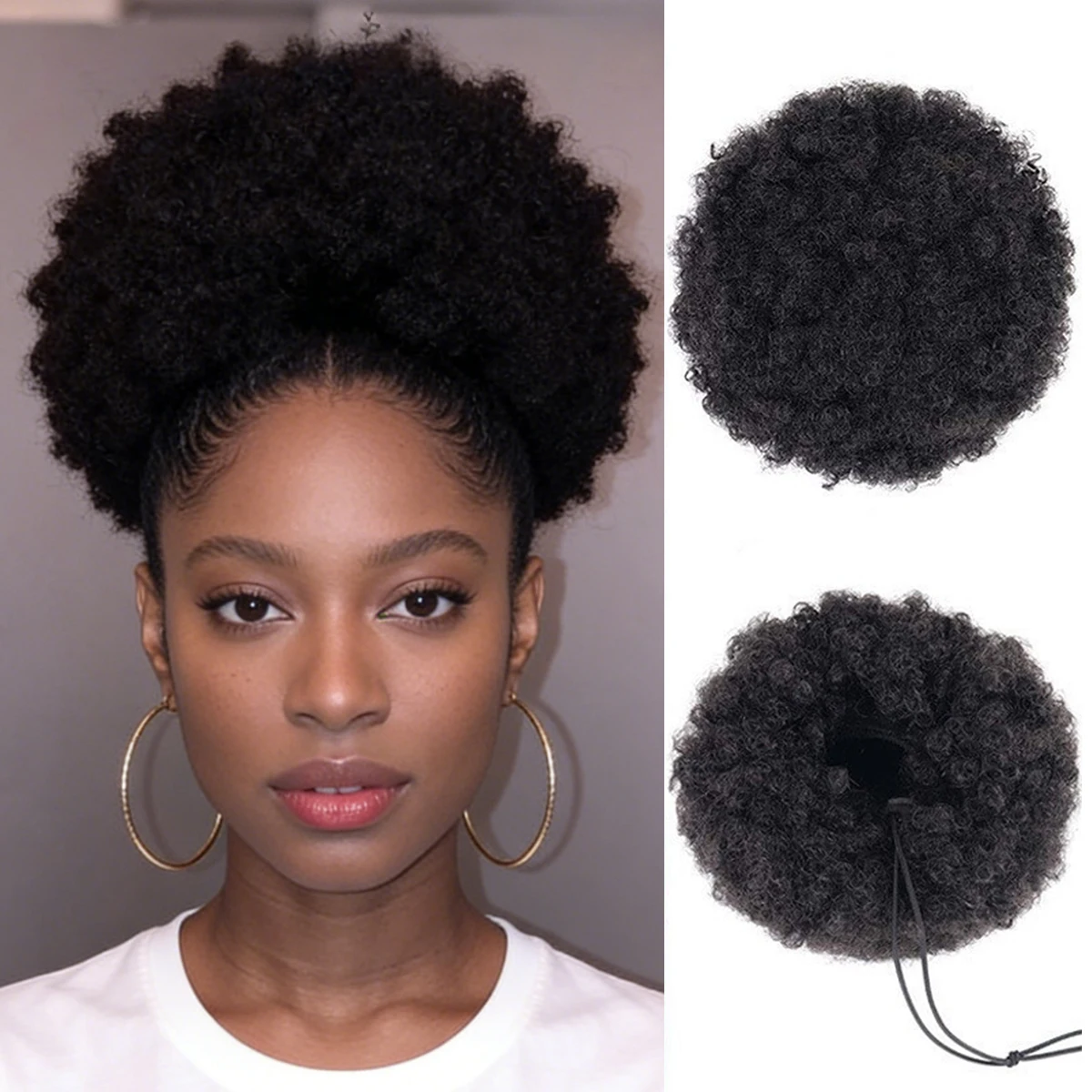 Coque Afro Curto Cacheado com Cordão, Aplique de Cabelo Sintético de 10cm para Mulheres, Acessório de Cabelo Resistente ao Calor
