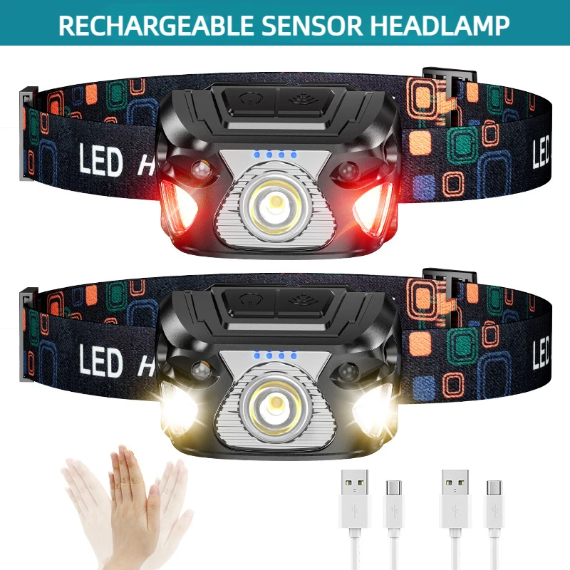 

Sensor Headlamp 1200mAh Rechargeable 600LM Bright Work Light with Red Warning Mode Waterproof Mini Headlight for Hiking Fishing