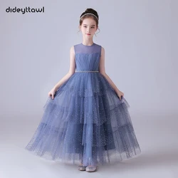 Dideyttawl Dusty Blue Beaded Sleeveless Pleated Tulle Flower Girl Dress A Line Floor Length Junior Bridesmaid Gown Princess